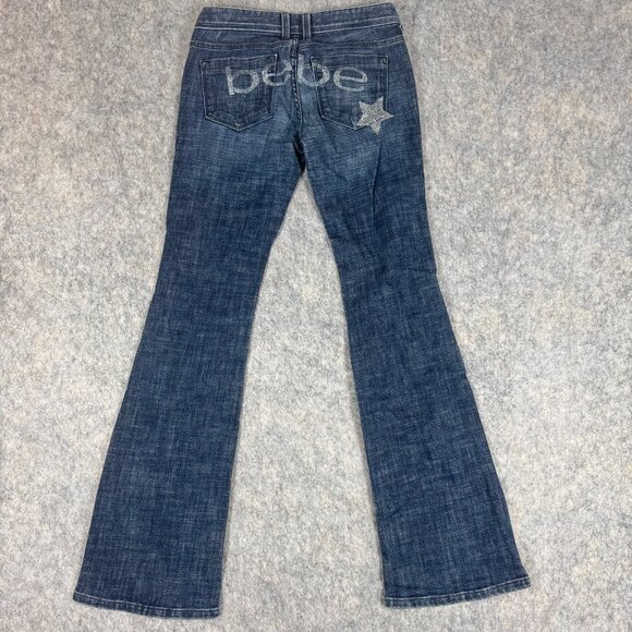 VTG Bebe Charlotte Star Flare Jeans Y2K Rhinestone Size 27 Dark Wash Low Rise - Picture 1 of 13